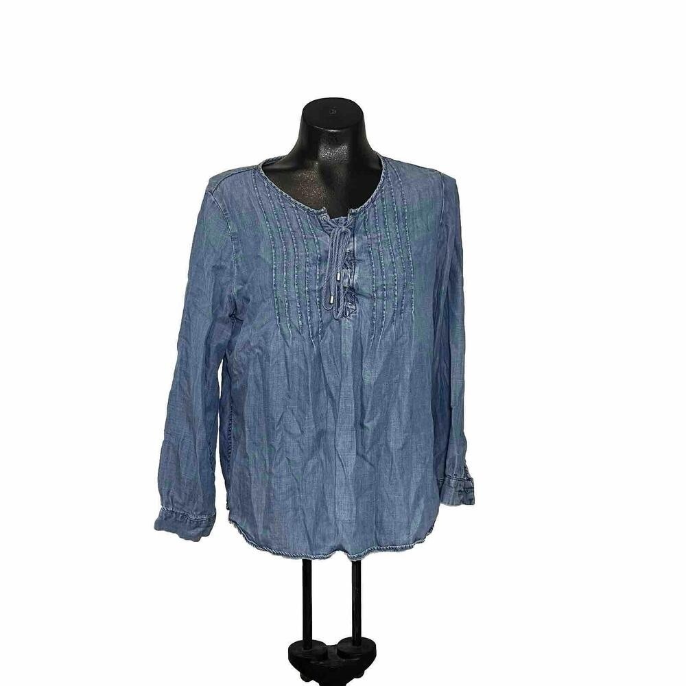 Talbots Blue Chambray Denim Shirt Embroidered ButtonUp Peasant Blouse Petite Lar